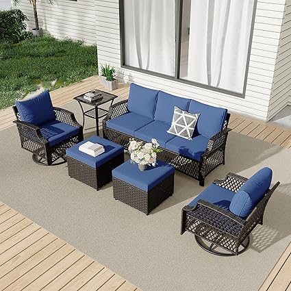 6 Piece Patio Furniture Set, Wicker Outdoor Conversation Sofa Set with Swivel Chairs, Loveseat, Storage Coffee Table, Rattan Outdoor Sectional for Deck Backyard Porch๏ผ7 Seats, Gray