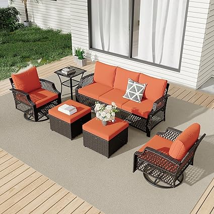 6 Piece Patio Furniture Set, Wicker Outdoor Conversation Sofa Set with Swivel Chairs, Loveseat, Storage Coffee Table, Rattan Outdoor Sectional for Deck Backyard Porch๏ผ7 Seats, Gray