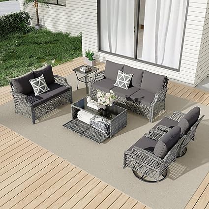 6 Piece Patio Furniture Set, Wicker Outdoor Conversation Sofa Set with Swivel Chairs, Loveseat, Storage Coffee Table, Rattan Outdoor Sectional for Deck Backyard Porch๏ผ7 Seats, Gray