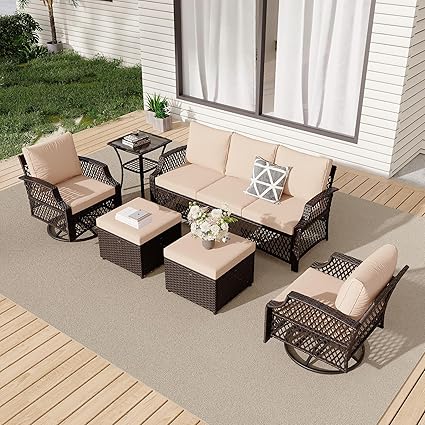 6 Piece Patio Furniture Set, Wicker Outdoor Conversation Sofa Set with Swivel Chairs, Loveseat, Storage Coffee Table, Rattan Outdoor Sectional for Deck Backyard Porch๏ผ7 Seats, Gray