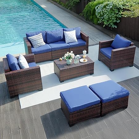 Patio Furniture Set, Wide Armrest Outdoor Furniture Set with 4" Non-Slip Cushions, Wicker Conversation Sofa with Ottomans and Waterprool Covers, for Backyard Porch, Navy